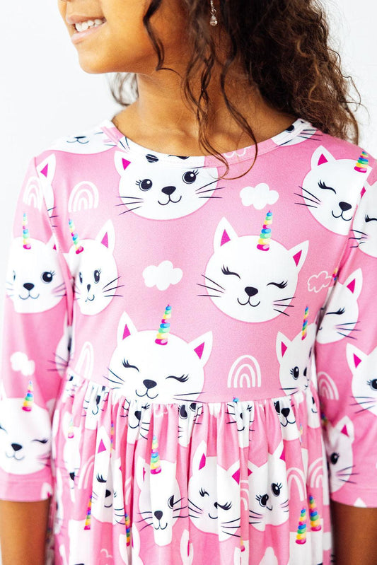 Unicorn Kitties 3/4 Sleeve Pocket Twirl Dress