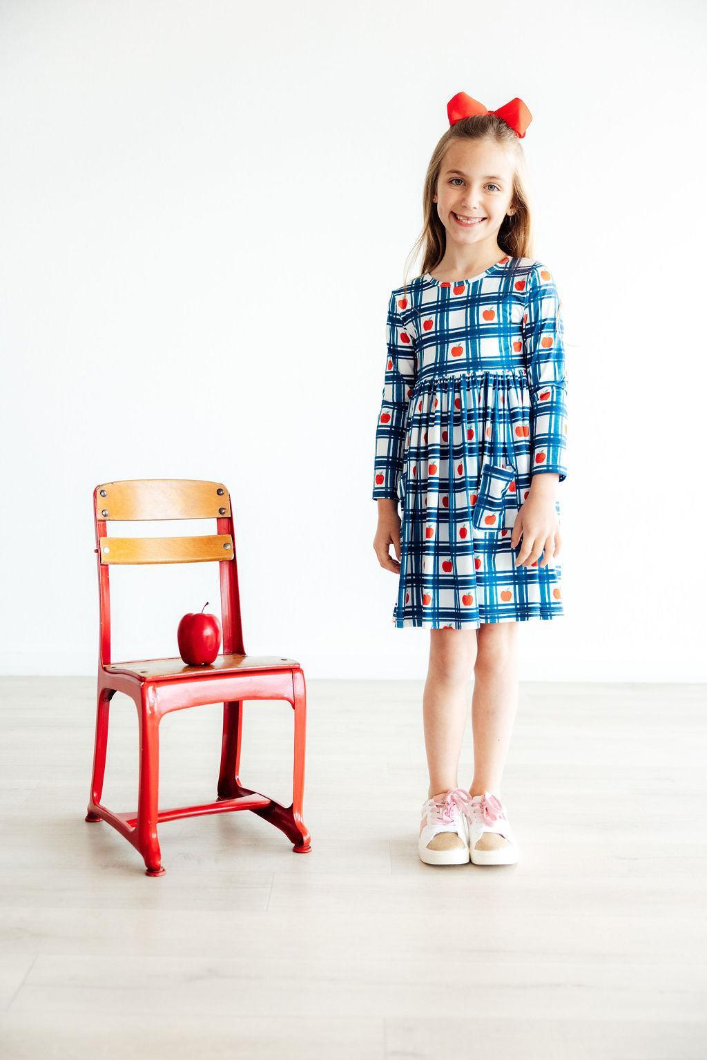 Plaid Apples L/S Pocket Twirl Dress