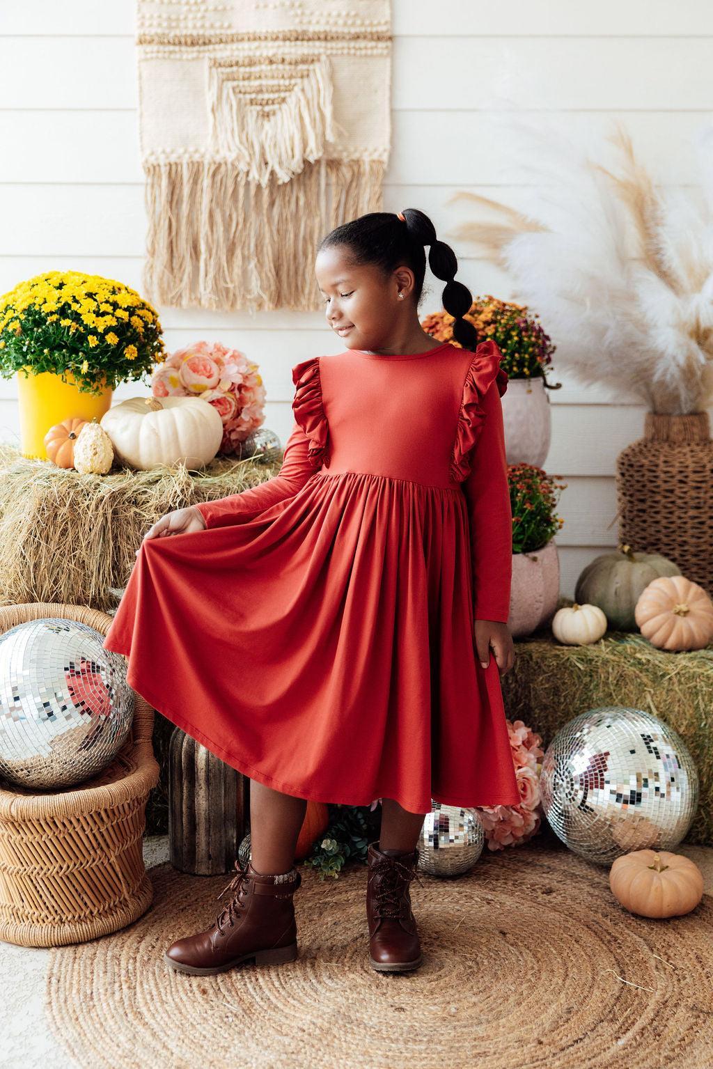 Pumpkin Spice L/S Ruffle Twirl Dress