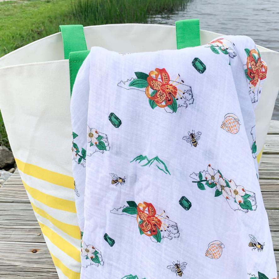 Gift Set: North Carolina Baby Muslin Swaddle Blanket and Burp Cloth/Bib Combo (Floral) fabric and material close-up