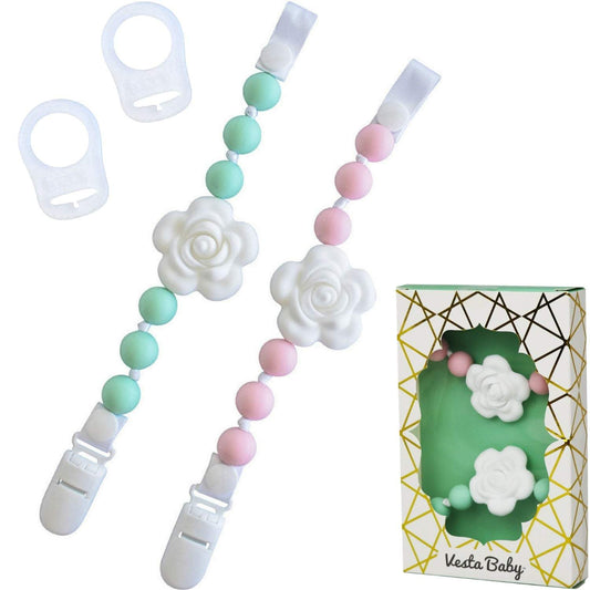 Silicone pacifier clip set with teether holder, pastel colors, flower design, safety tested, baby accessory.