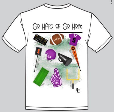 Go Hard Purple Shirt with football graphics and motivational text design on white tee
