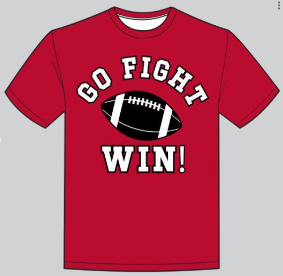 Red Go Fight Win shirt with football graphic and bold black and white text