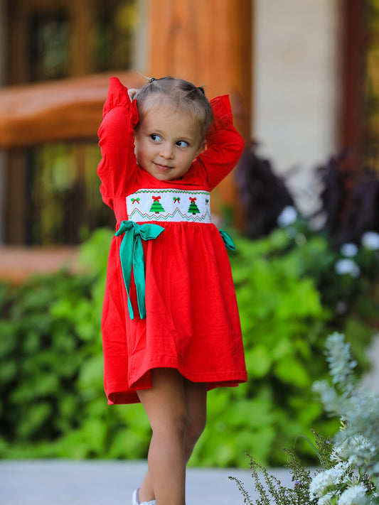 Christmas Smocked Dress with Green Bow and Tree Embroidery