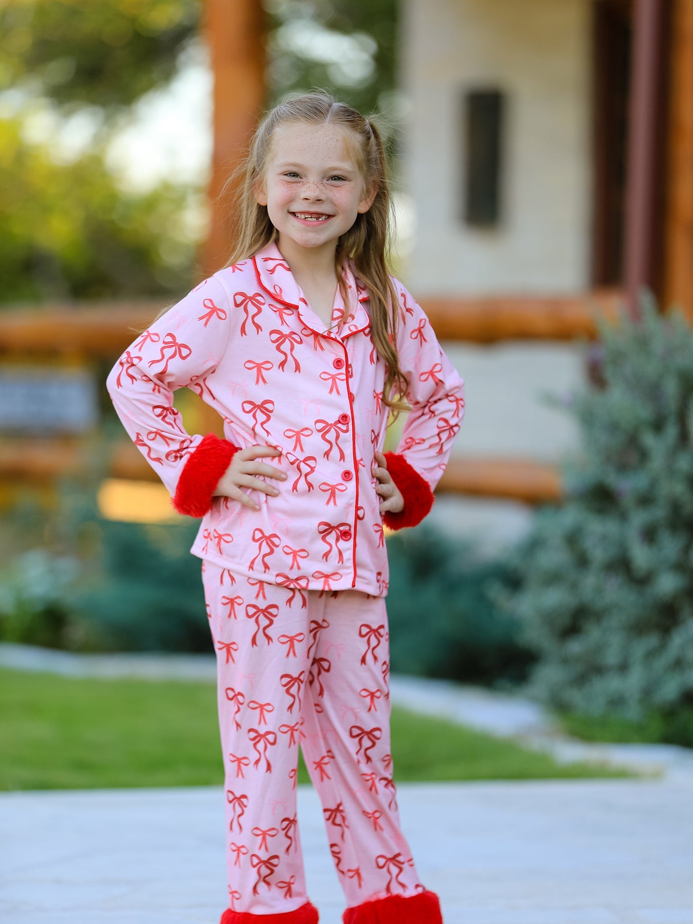 Christmas Bow Girls Pajama Set with Furry Trim