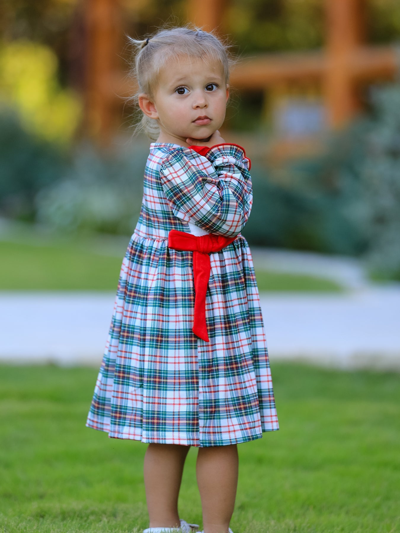 Christmas Embroidery Smocking Bow Plaid Girls Dress