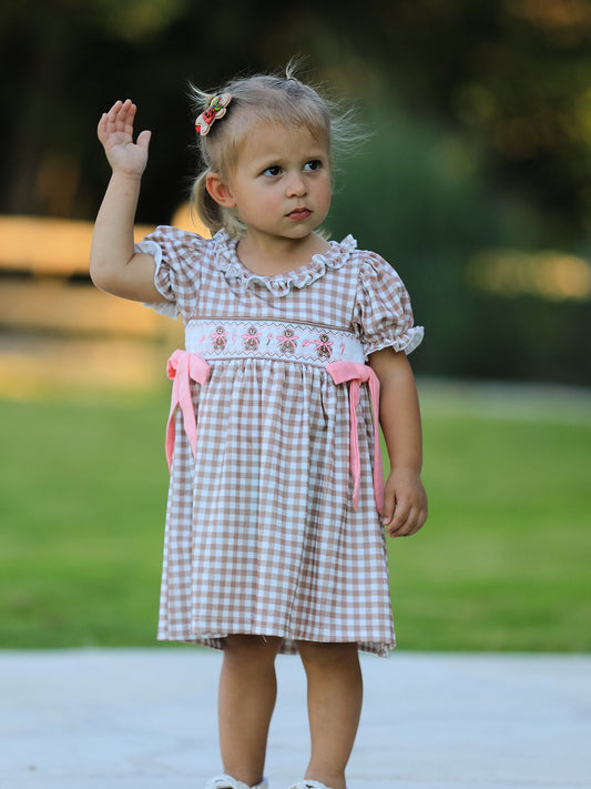 Christmas Vintage-Style Plaid Dress with Embroidered Gingerbread and Bows