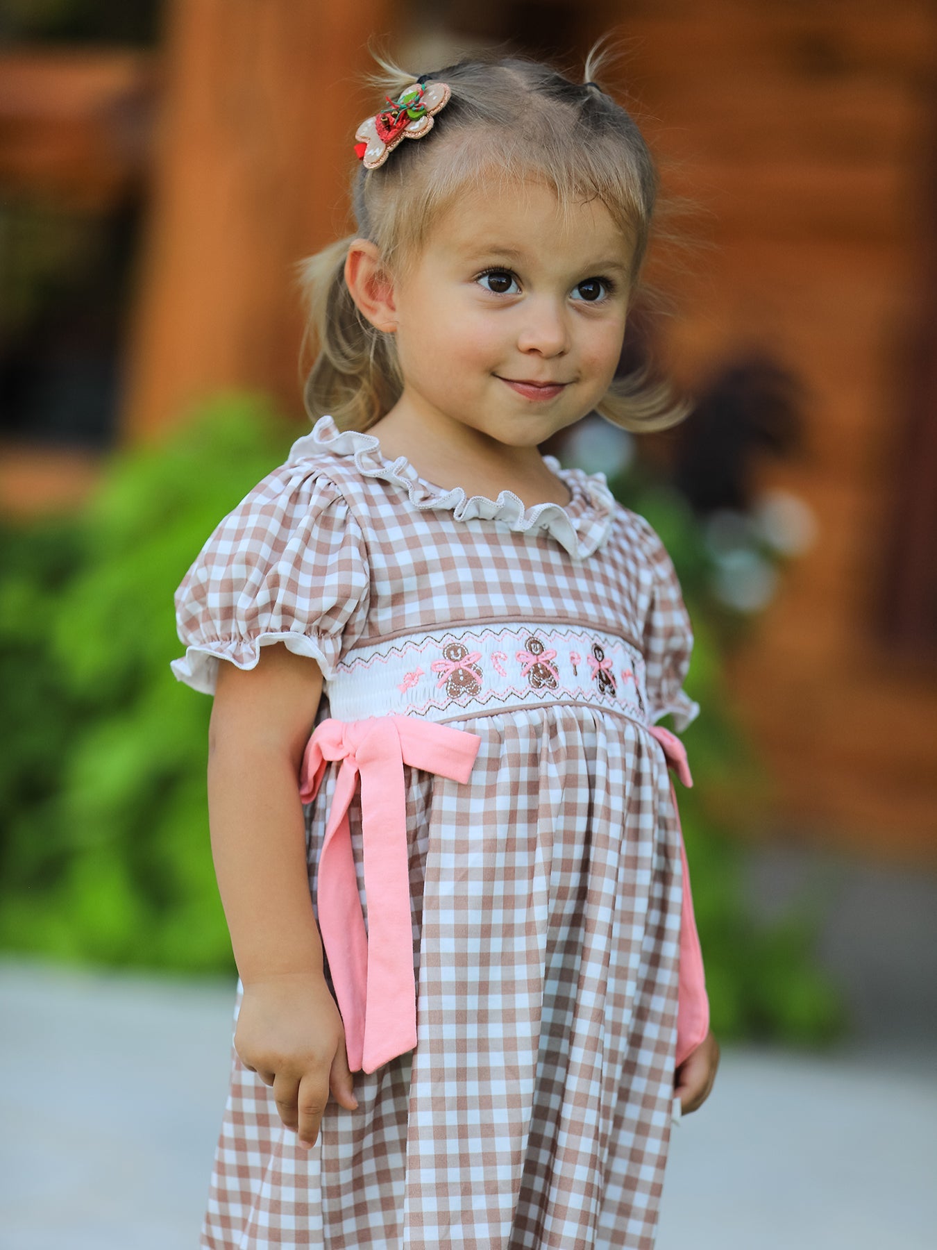Christmas Vintage-Style Plaid Dress with Embroidered Gingerbread and Bows