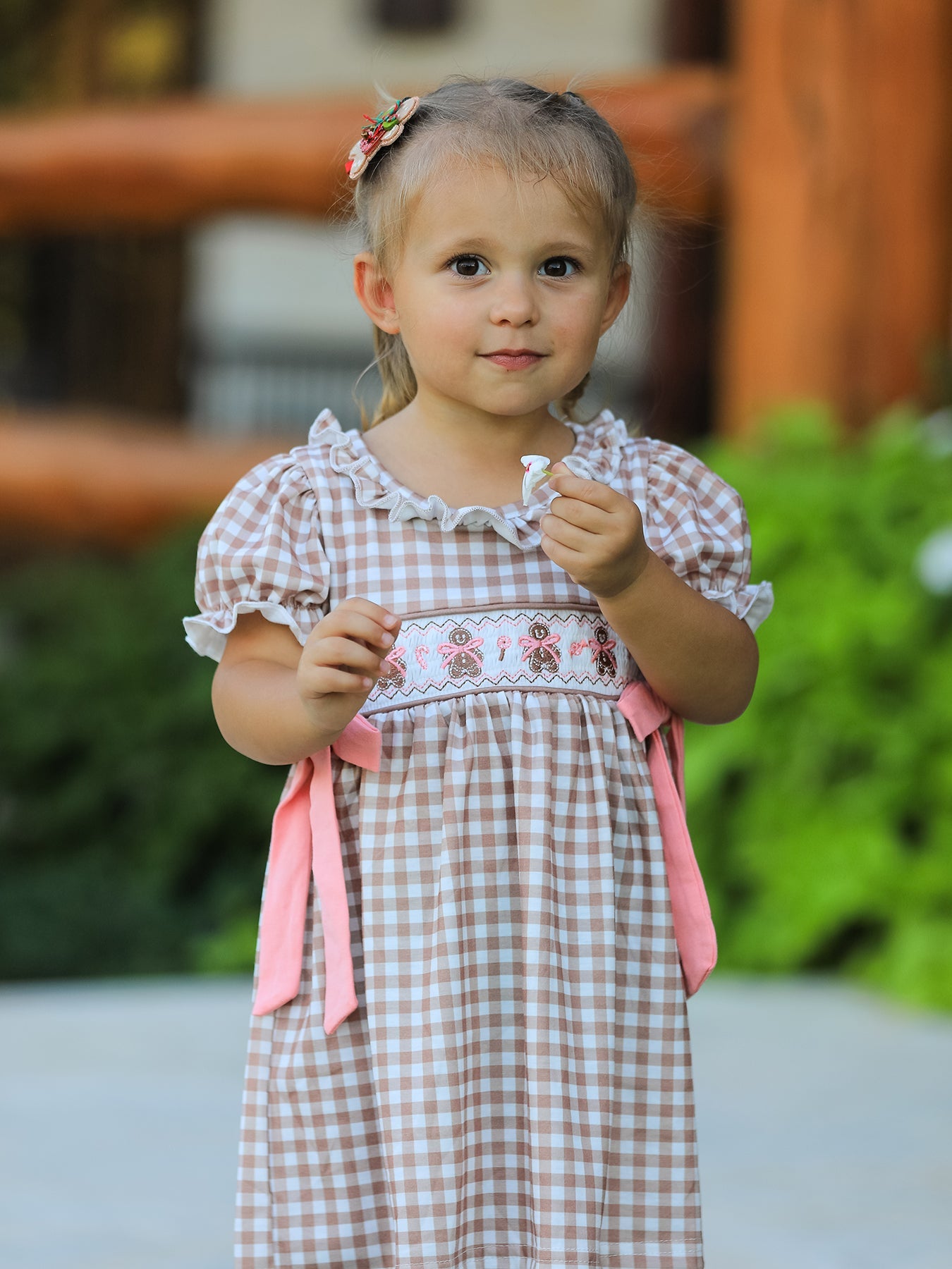 Christmas Vintage-Style Plaid Dress with Embroidered Gingerbread and Bows