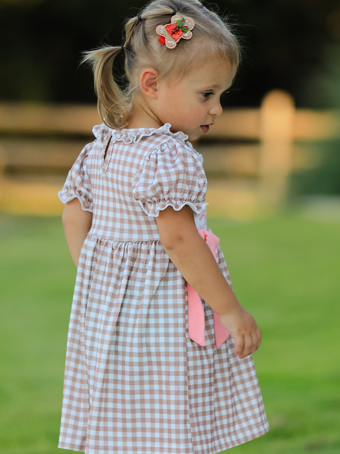 Christmas Vintage-Style Plaid Dress with Embroidered Gingerbread and Bows