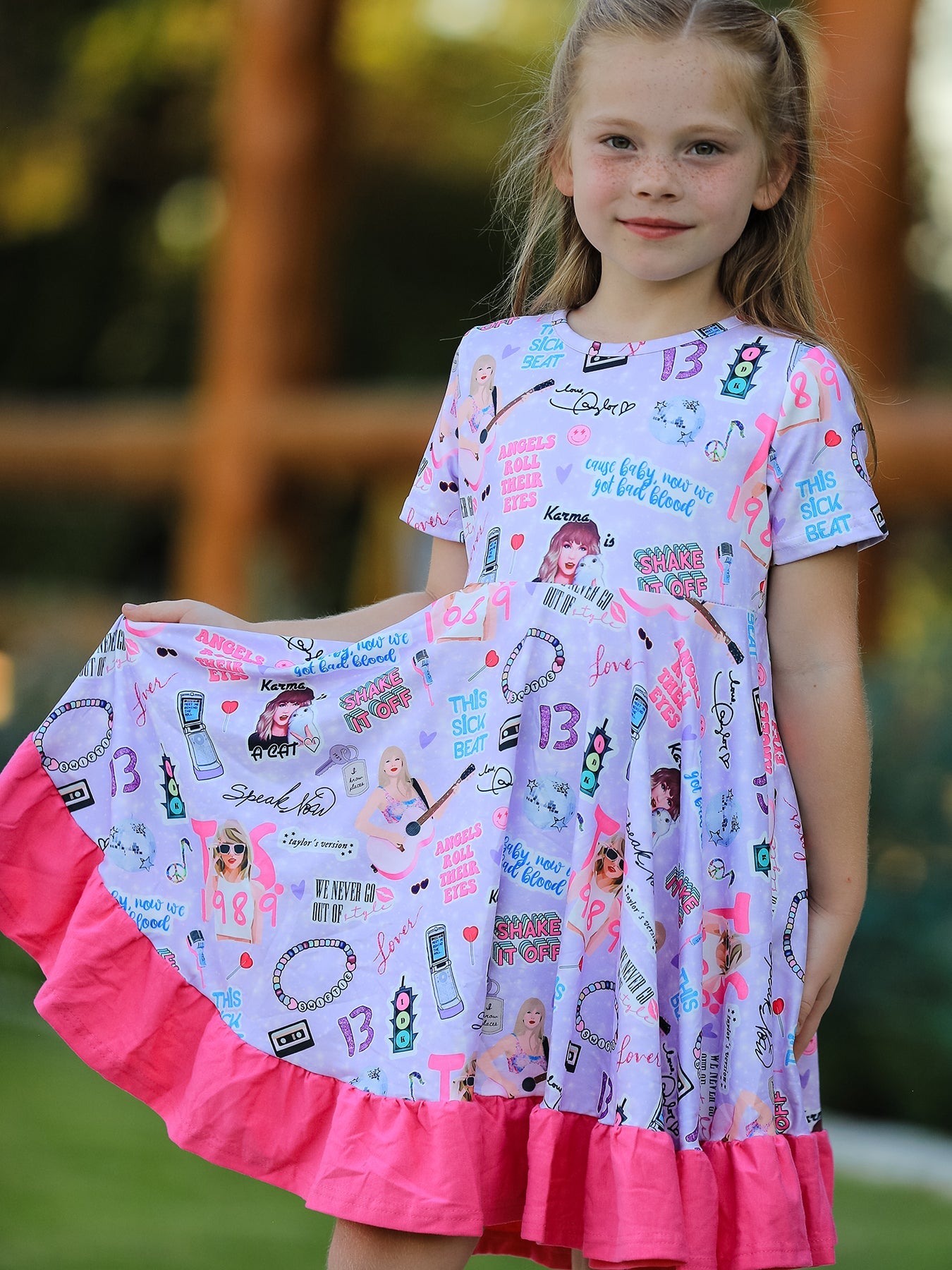 Purple TS Print Ruffle Girls' Short Sleeve  Dress