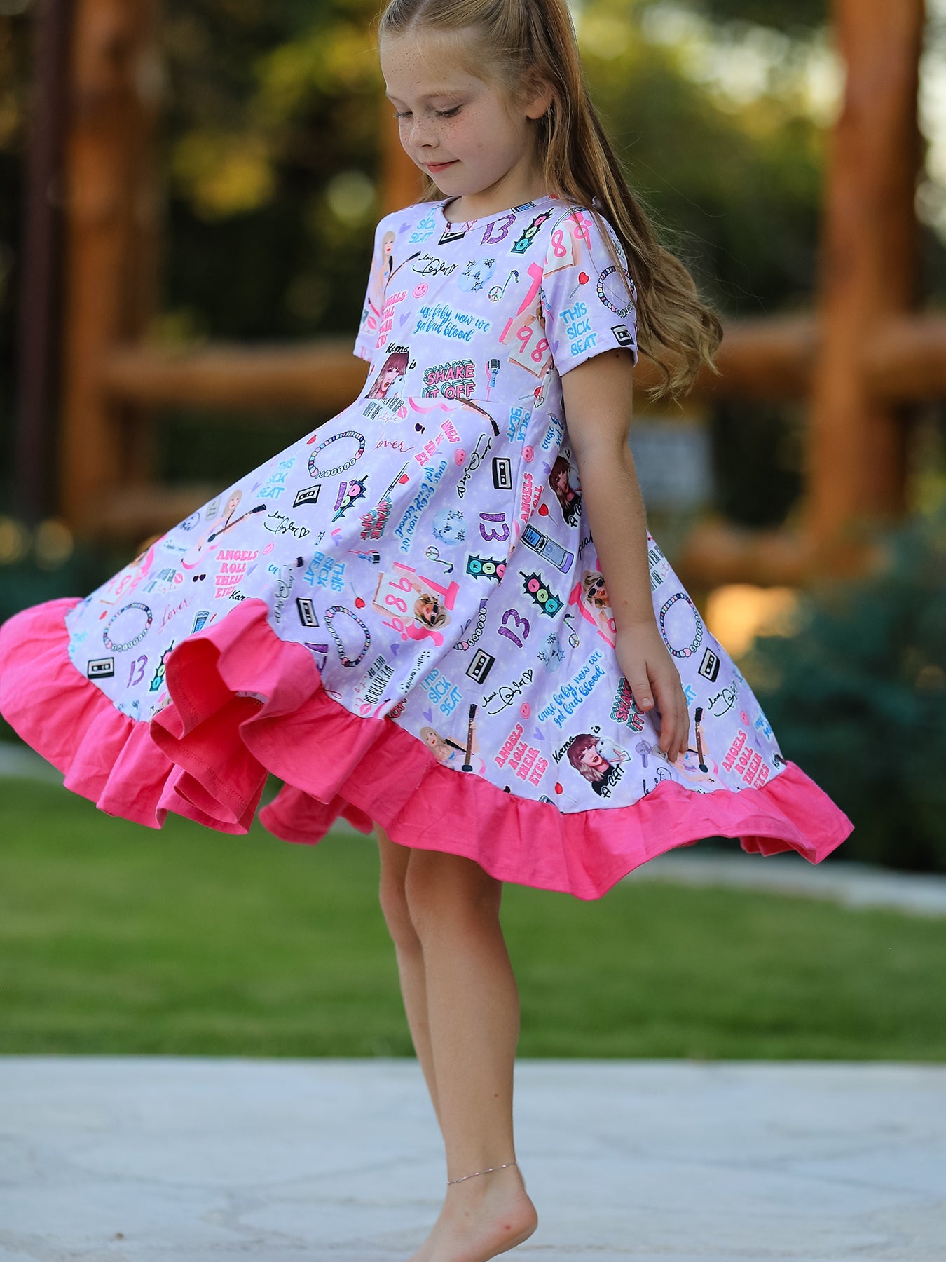 Purple TS Print Ruffle Girls' Short Sleeve  Dress