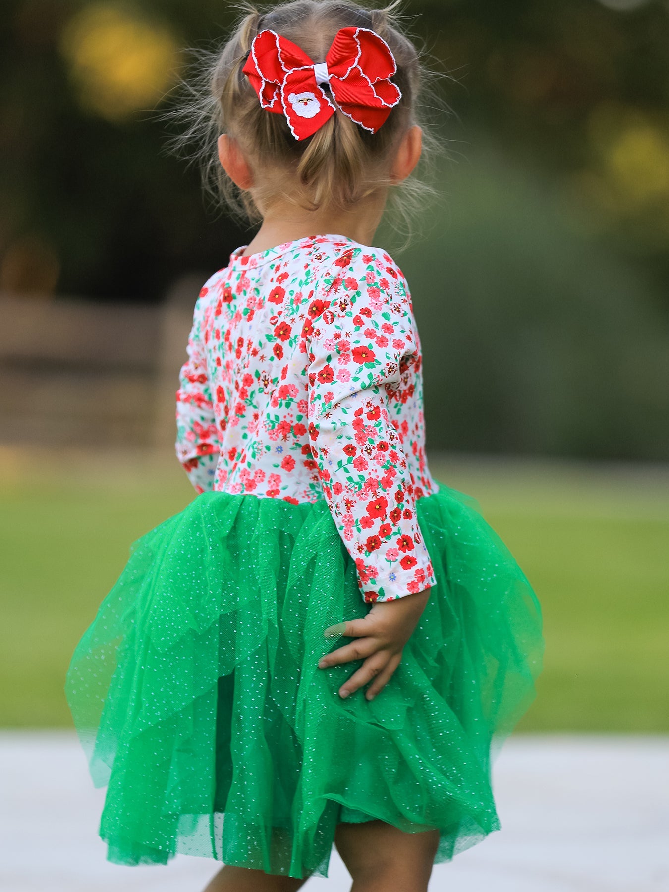 Christmas Santa Applique Floral Long Sleeve Ruffle with Bow Ties Girls Dress