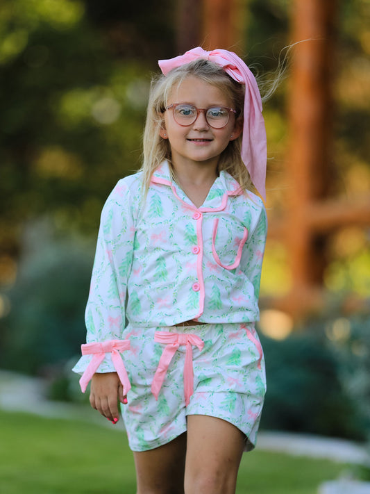 Christmas Tree & Bow Print Girls Pajama Set