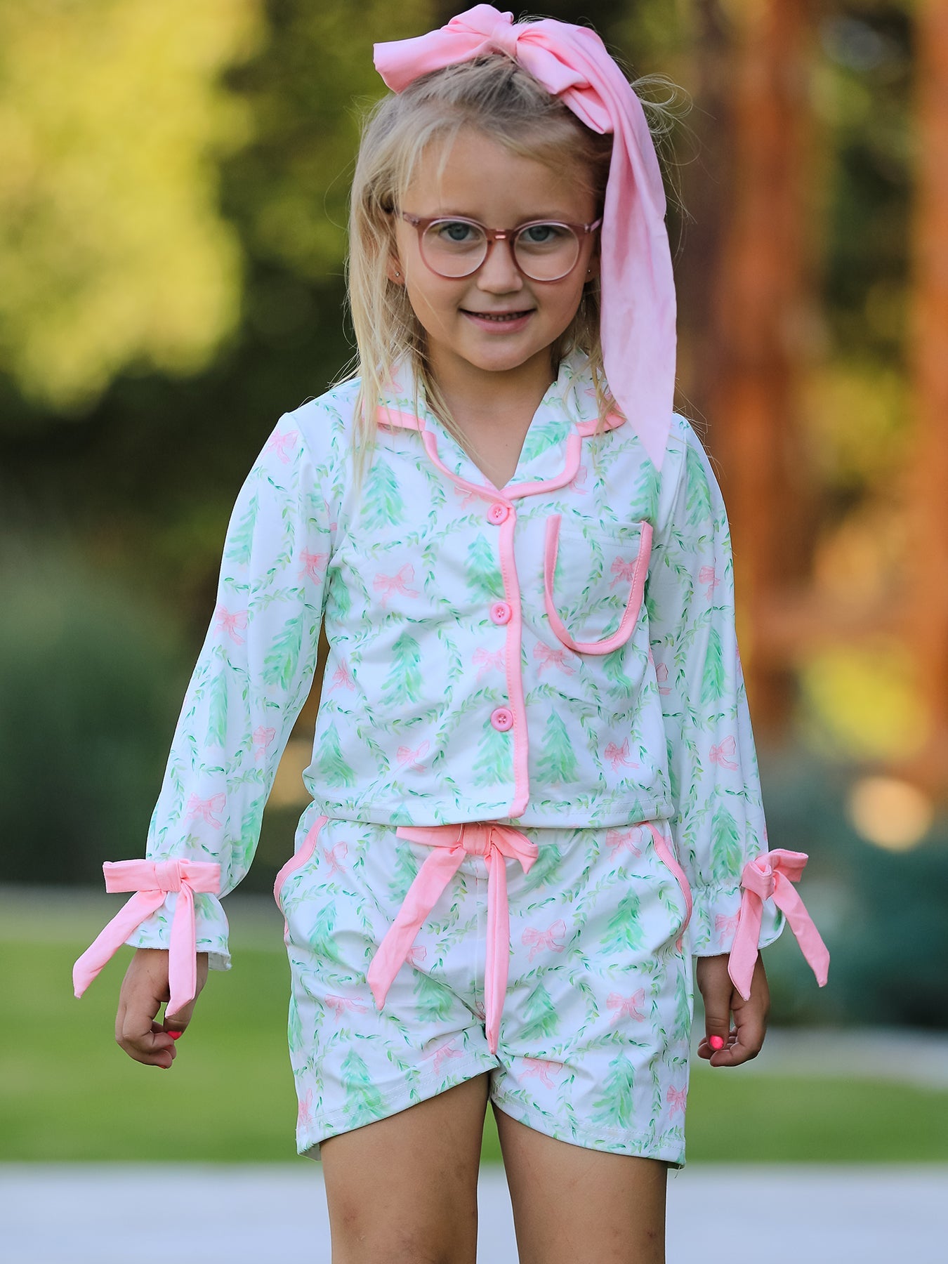 Christmas Tree & Bow Print Girls Pajama Set