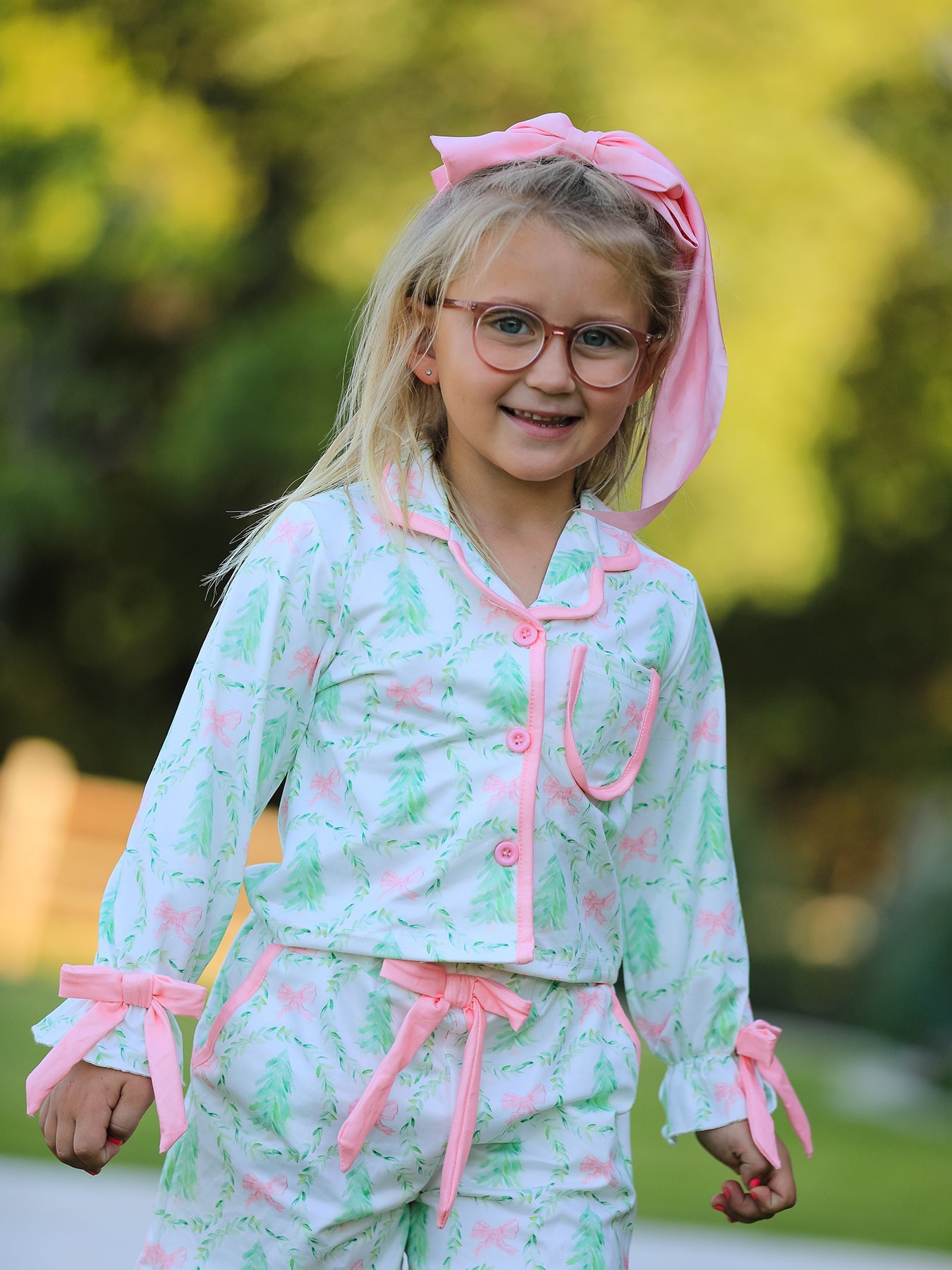 Christmas Tree & Bow Print Girls Pajama Set