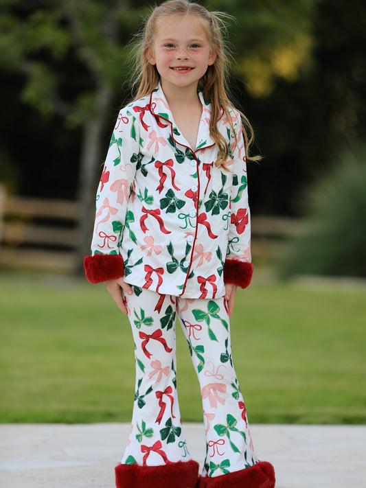 PREORDER Holiday Bow Print Christmas Pajama Set – Girls Cozy Red Trim Sleepwear
