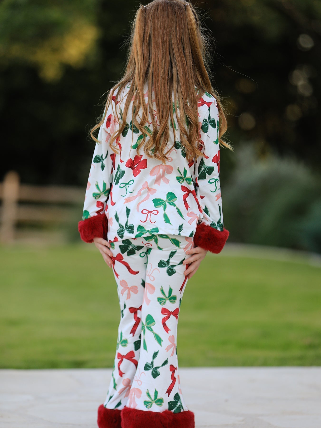 PREORDER Holiday Bow Print Christmas Pajama Set – Girls Cozy Red Trim Sleepwear