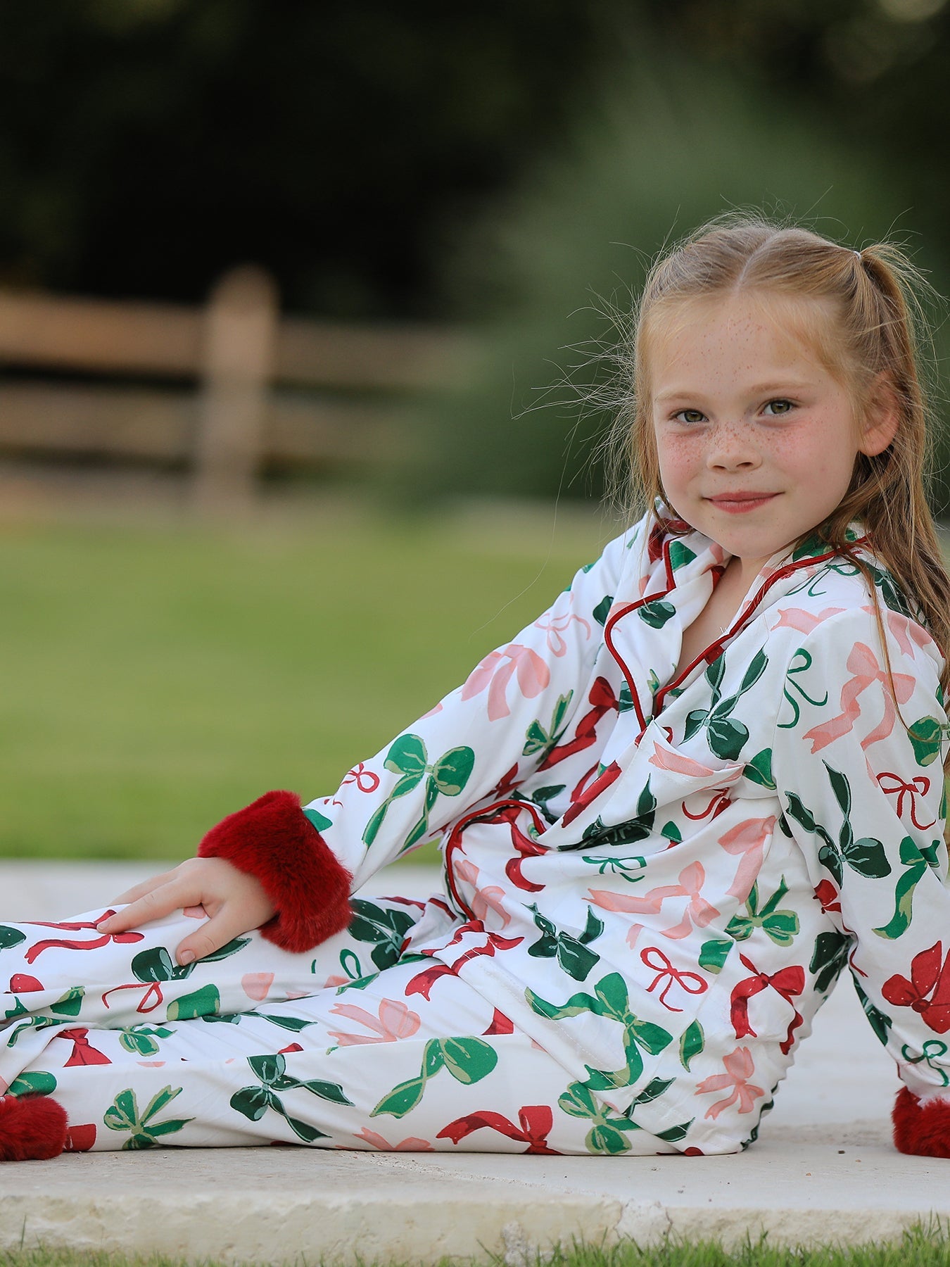 PREORDER Holiday Bow Print Christmas Pajama Set – Girls Cozy Red Trim Sleepwear