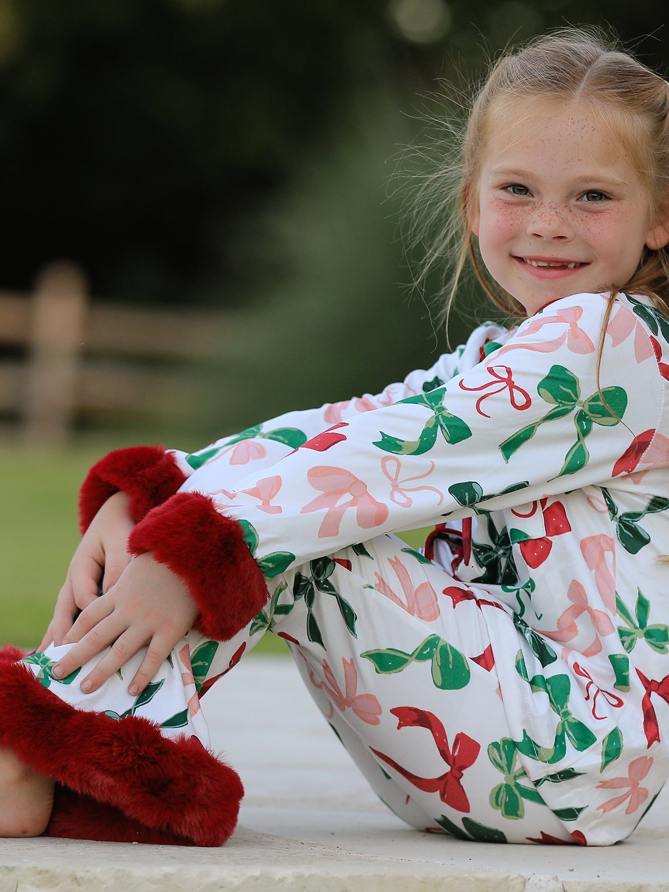 PREORDER Holiday Bow Print Christmas Pajama Set – Girls Cozy Red Trim Sleepwear