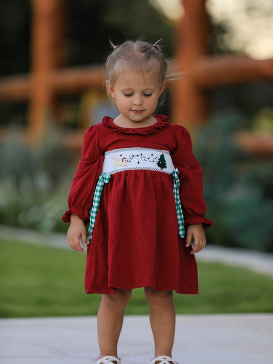 Christmas Smocking Embroidered Girls Dress with Green Plaid Bow