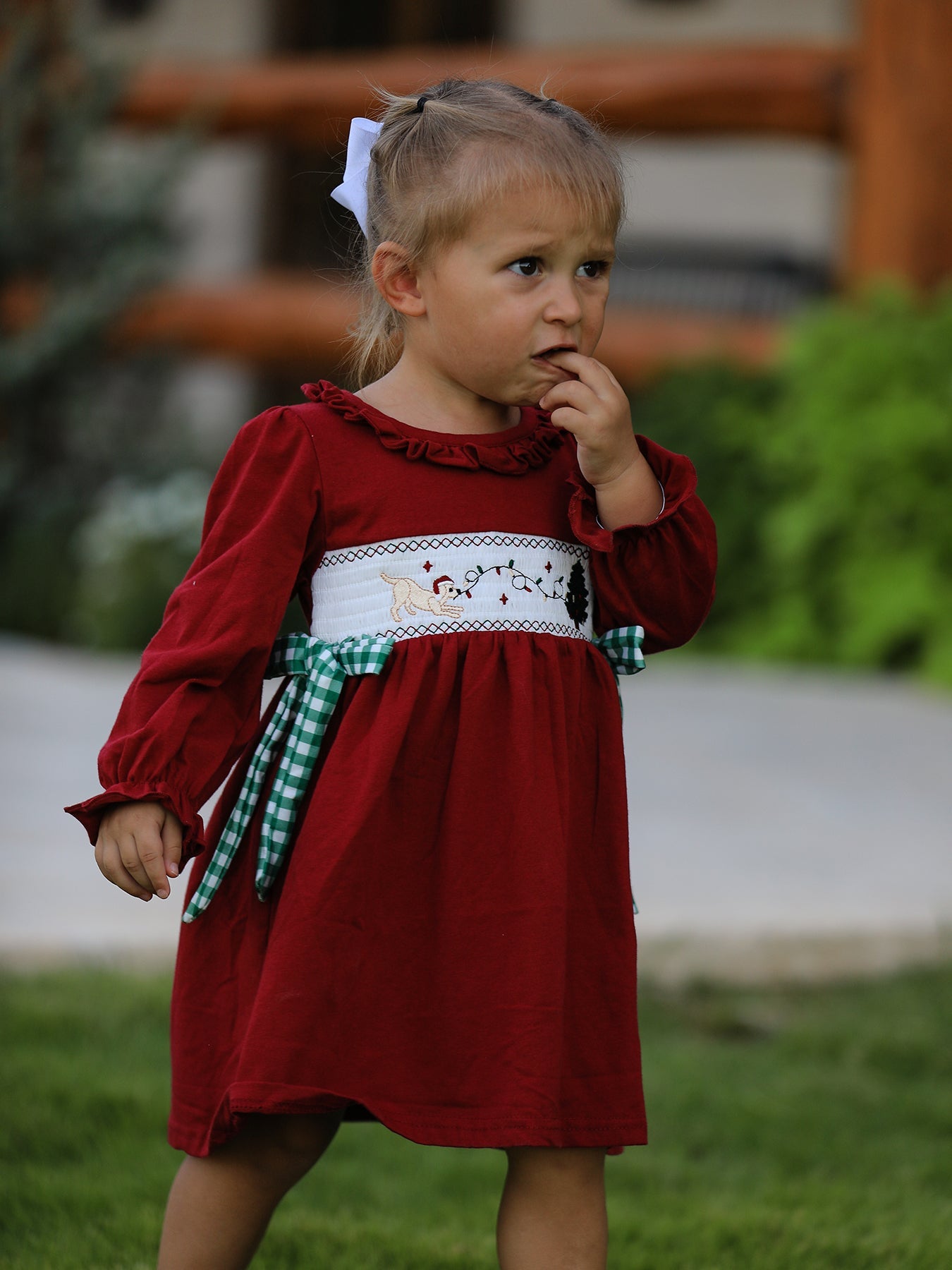 Christmas Smocking Embroidered Girls Dress with Green Plaid Bow