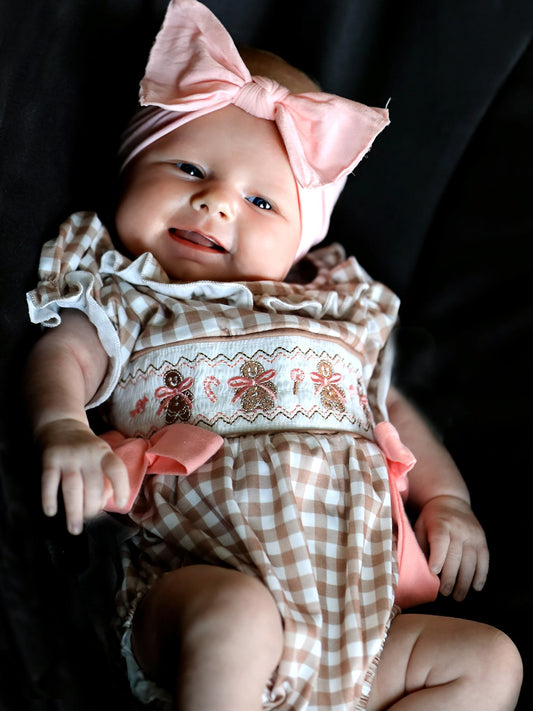 Christmas Vintage-Style Plaid Embroidered Gingerbread and Bows Girls Romper