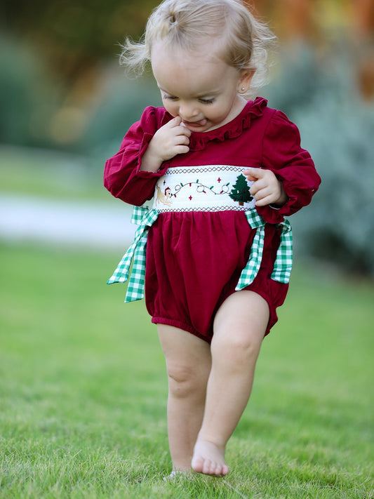Christmas Embroidered Baby Girls Romper with Green Plaid Bow