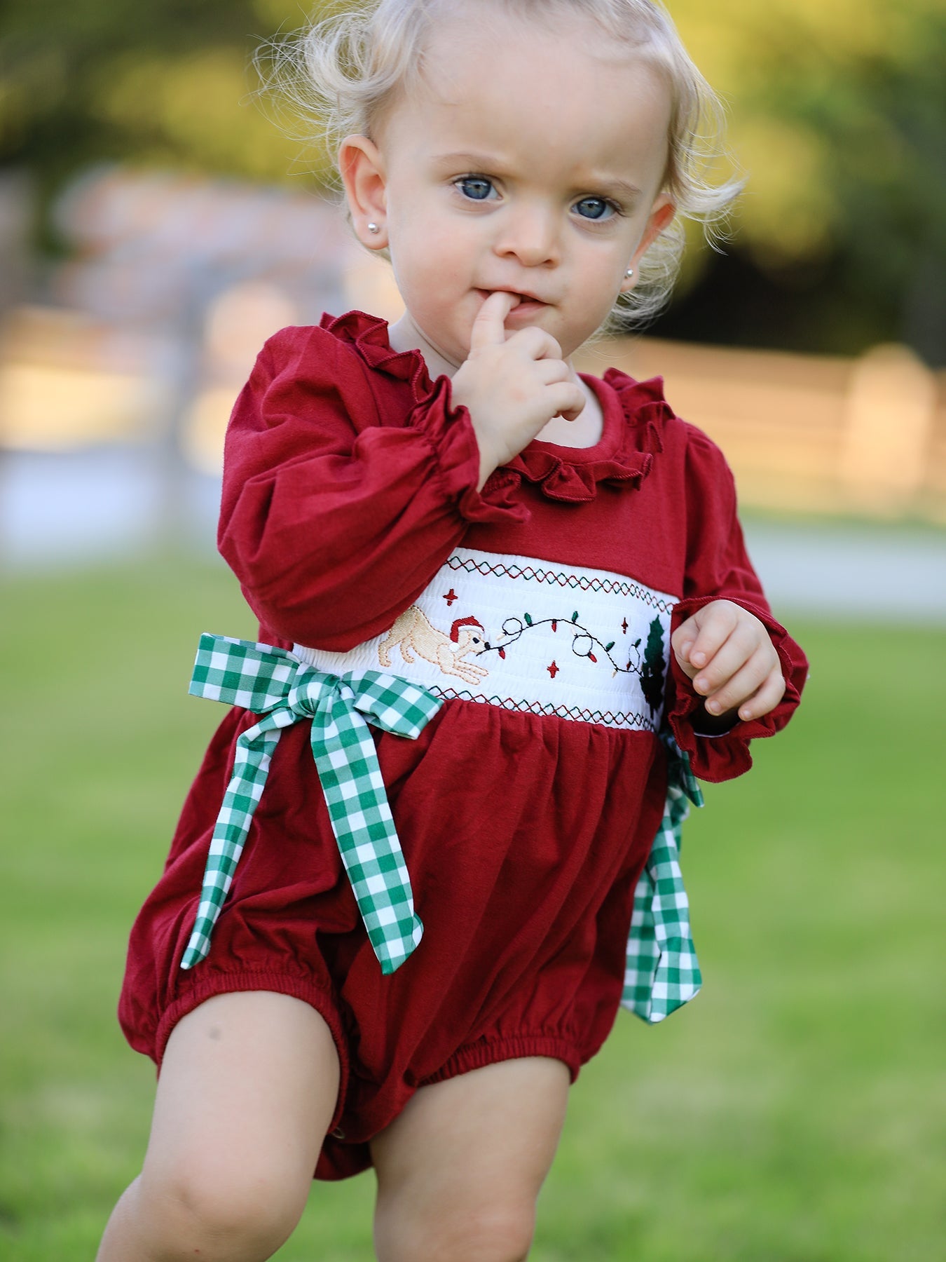 Christmas Embroidered Baby Girls Romper with Green Plaid Bow