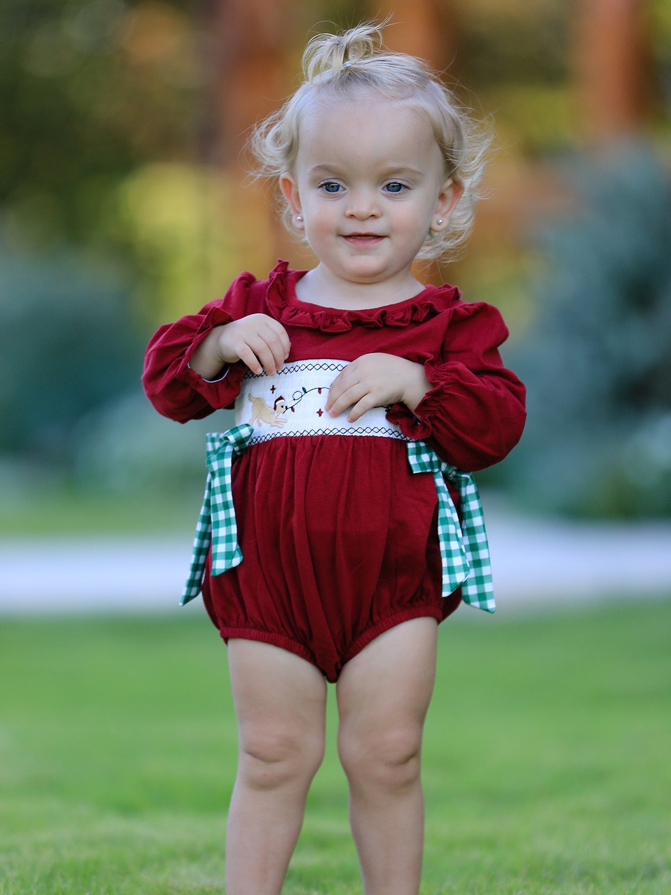 Christmas Embroidered Baby Girls Romper with Green Plaid Bow