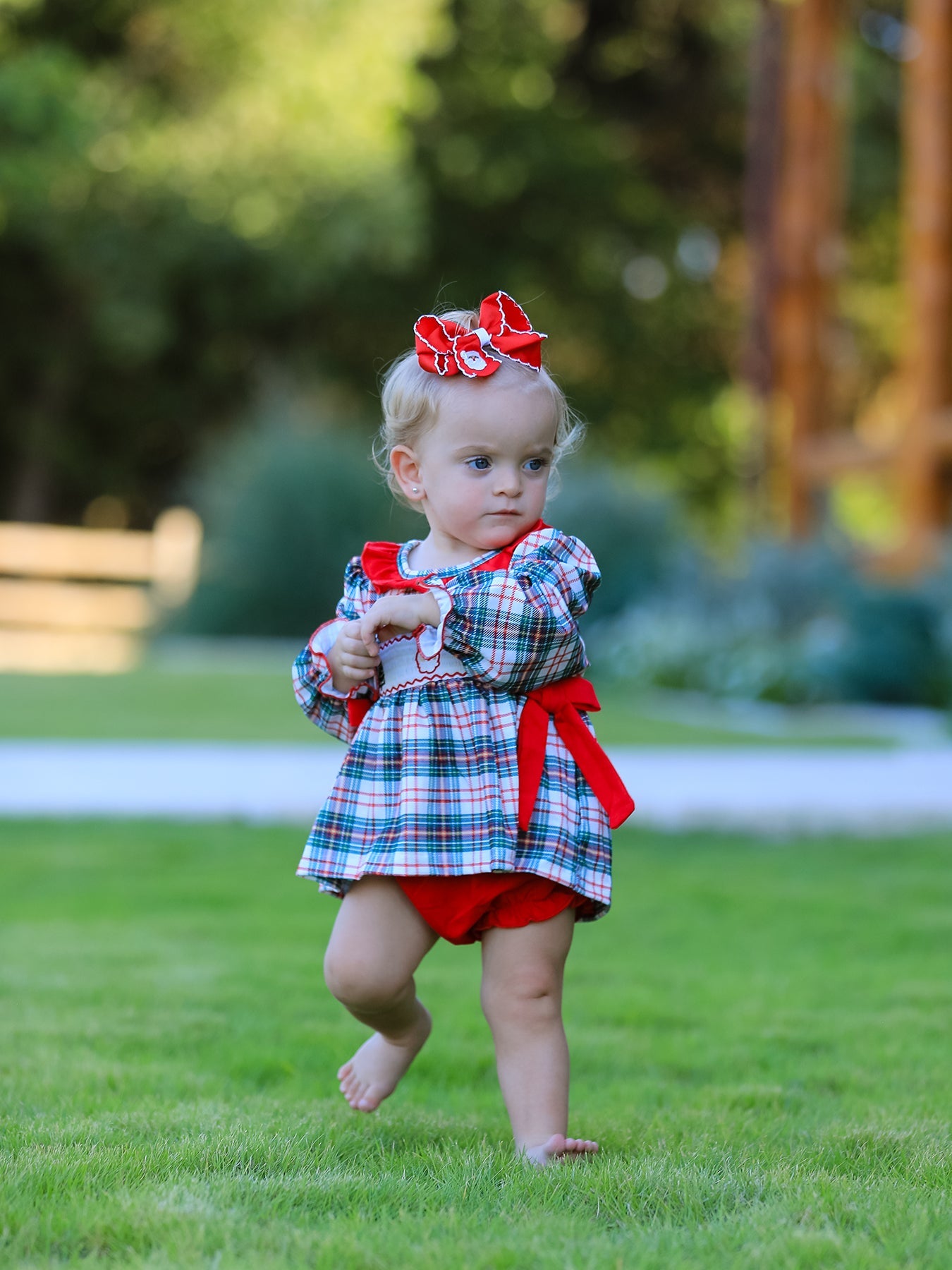 Christmas Plaid Smocking Embroidered Girls Bloomers Romper Set