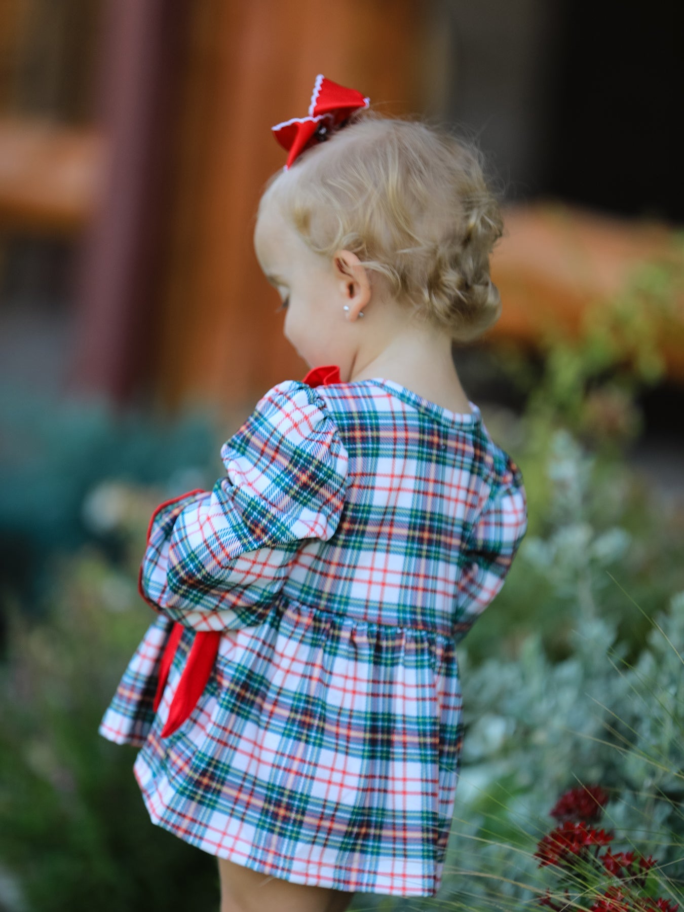 Christmas Plaid Smocking Embroidered Girls Bloomers Romper Set