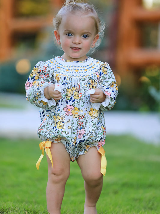 Fall  Embroidery Smocking Bow Floral Leaf Baby Girls Romper