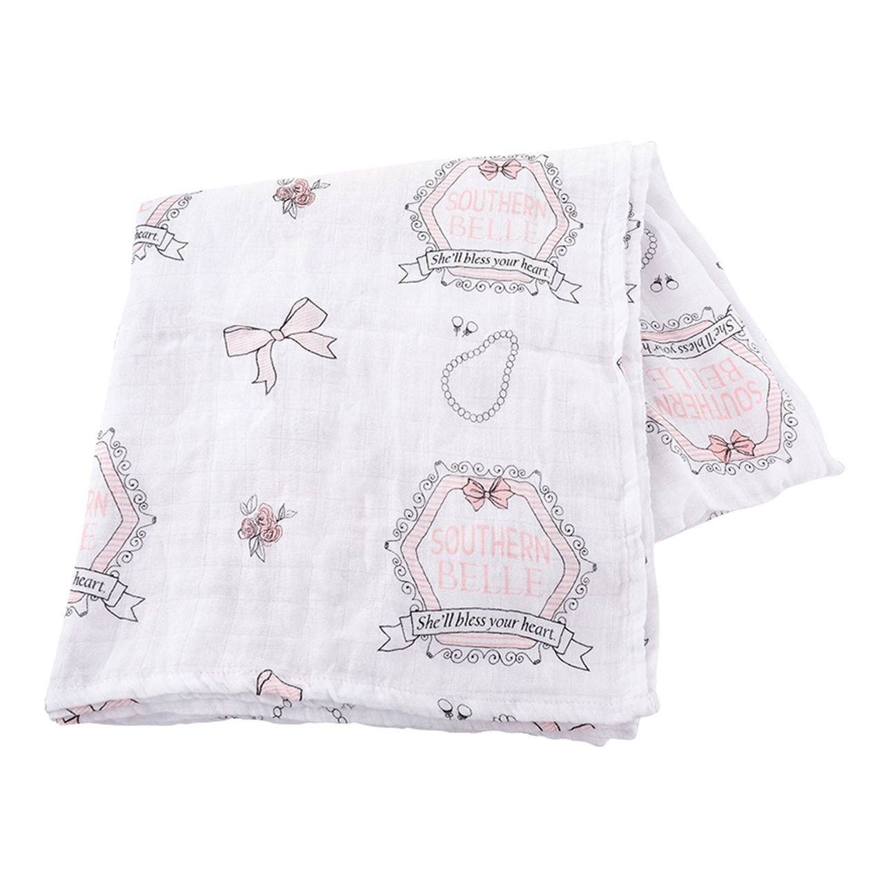 Gift Set: Southern Belle Baby Muslin Swaddle Blanket and Burp Cloth/Bib Combo back view