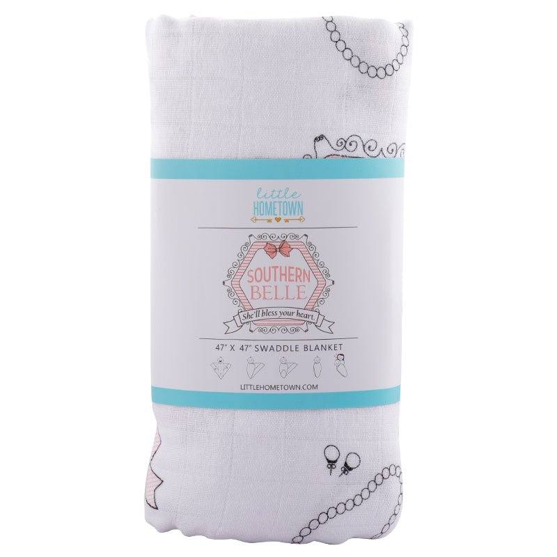 Gift Set: Southern Belle Baby Muslin Swaddle Blanket and Burp Cloth/Bib Combo fabric and material close-up