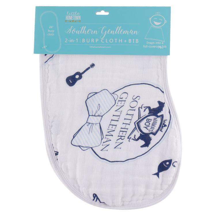 Gift Set: Southern Gentleman Baby Muslin Swaddle Blanket and Burp Cloth/Bib Combo full length view