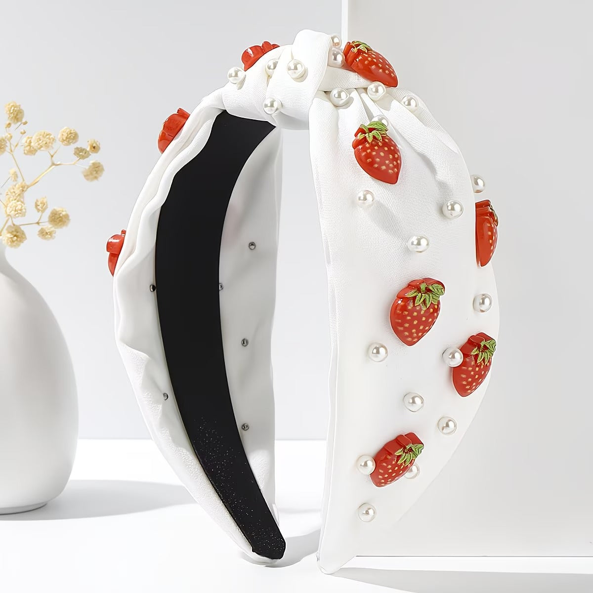 Strawberry & Pearl Knotted Headband – Whimsical White, Girls’ Accessory