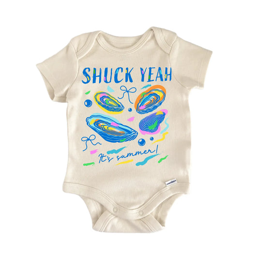 Summer Beach Shuck Yeah Oyster newborn baby onesie with easy snap closure, front view
