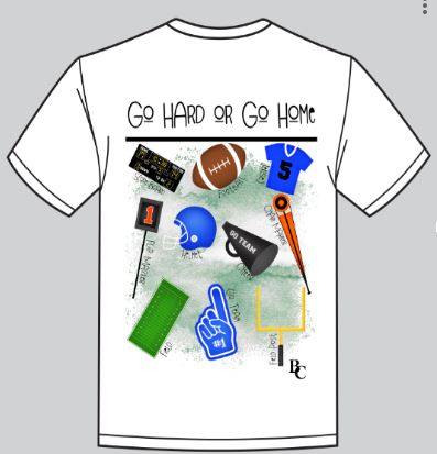 Go Hard Royal Blue Shirt with sports-themed design and motivational text on white tee
