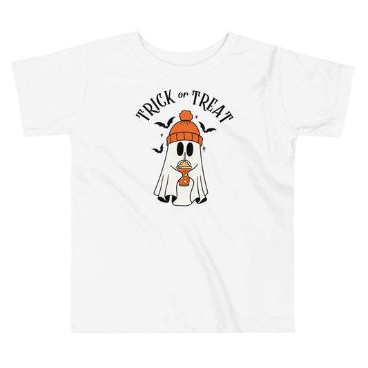 Toddler short sleeve white tee with a Halloween ghost wearing a pumpkin spice latte hat and "Trick or Treat" text design