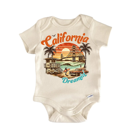 Travel United States California Dreamin newborn baby onesie with easy snap closure, front view
