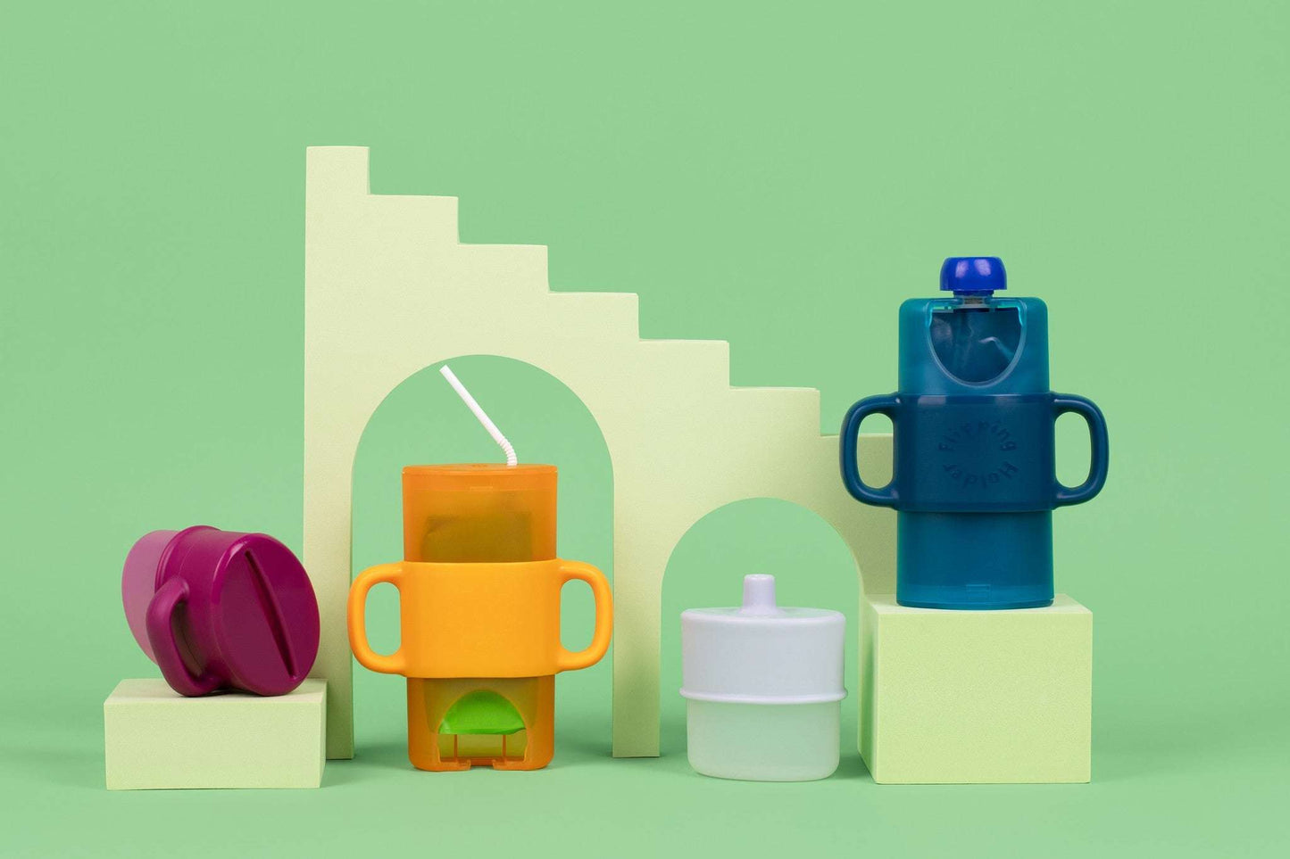 KiddyTrek 4-in-1 Sip & Snack Set - Food Pouch & Juice Box Holder, Snack Cup, Sip Cup ALL IN ONE nursing & feeding front view