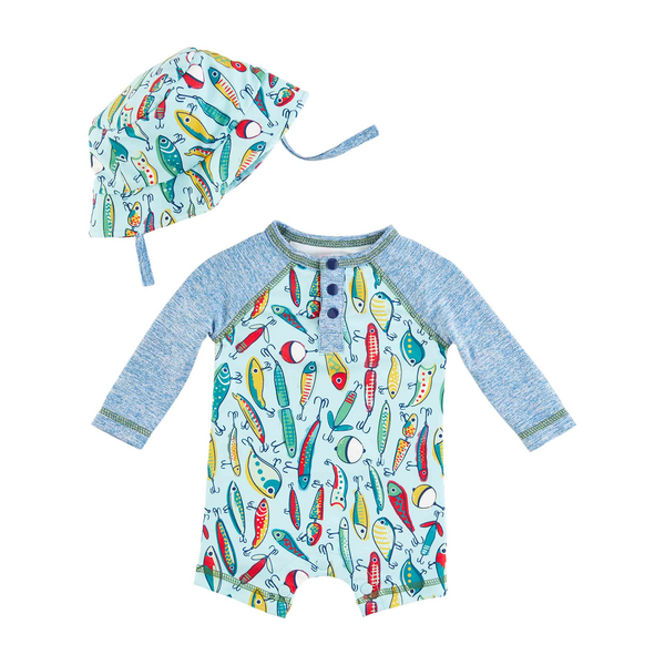 Boys' fishing lure rash guard swimwear front view