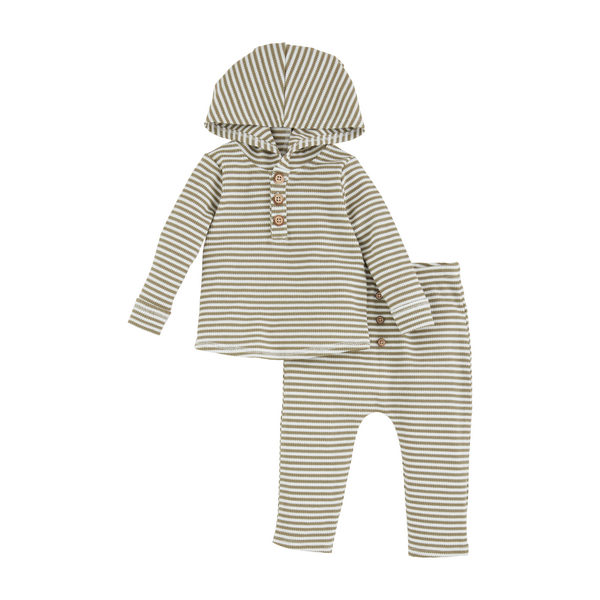 Green stripe hoodie and baby outfit front view