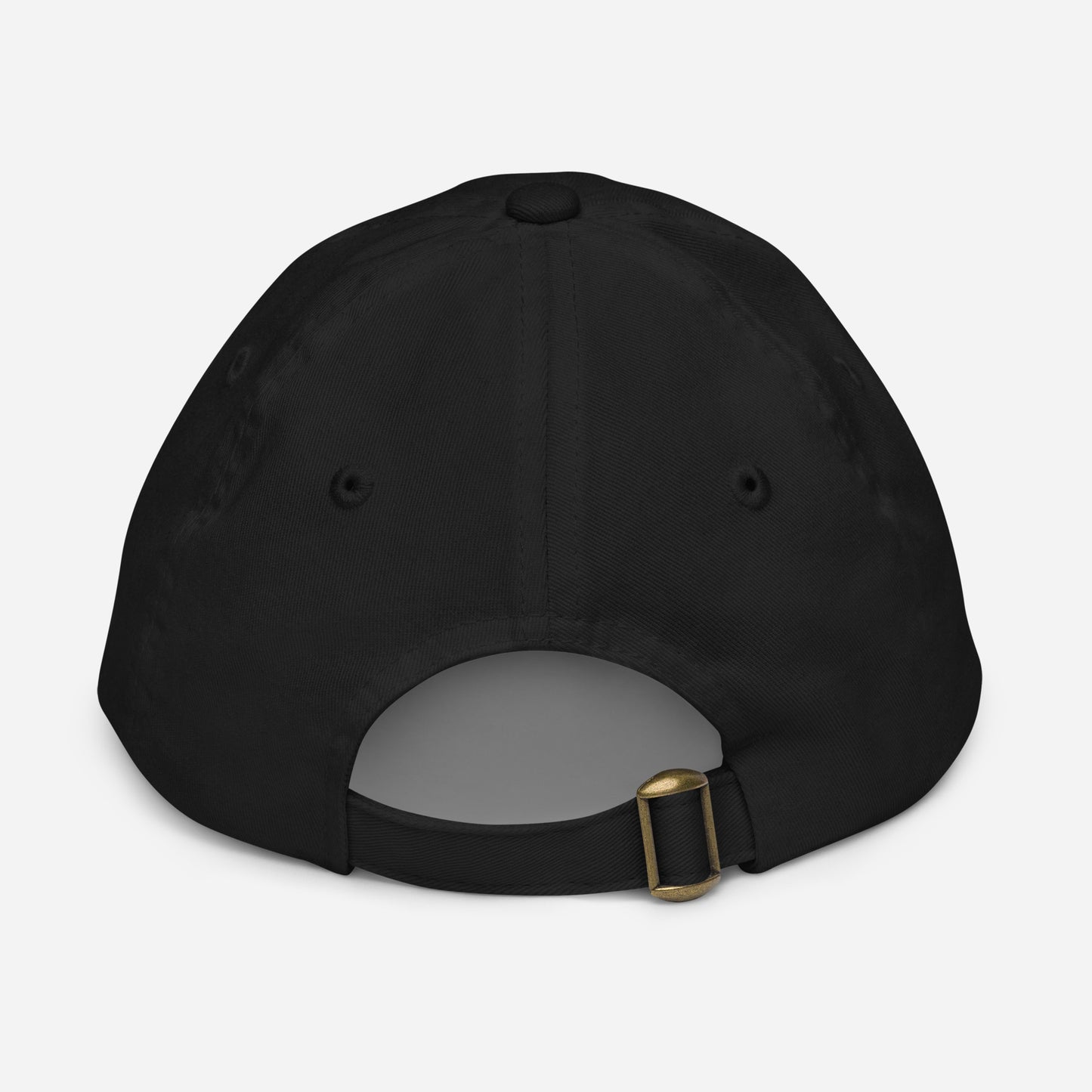Black youth baseball cap back view with brass buckle strap closure