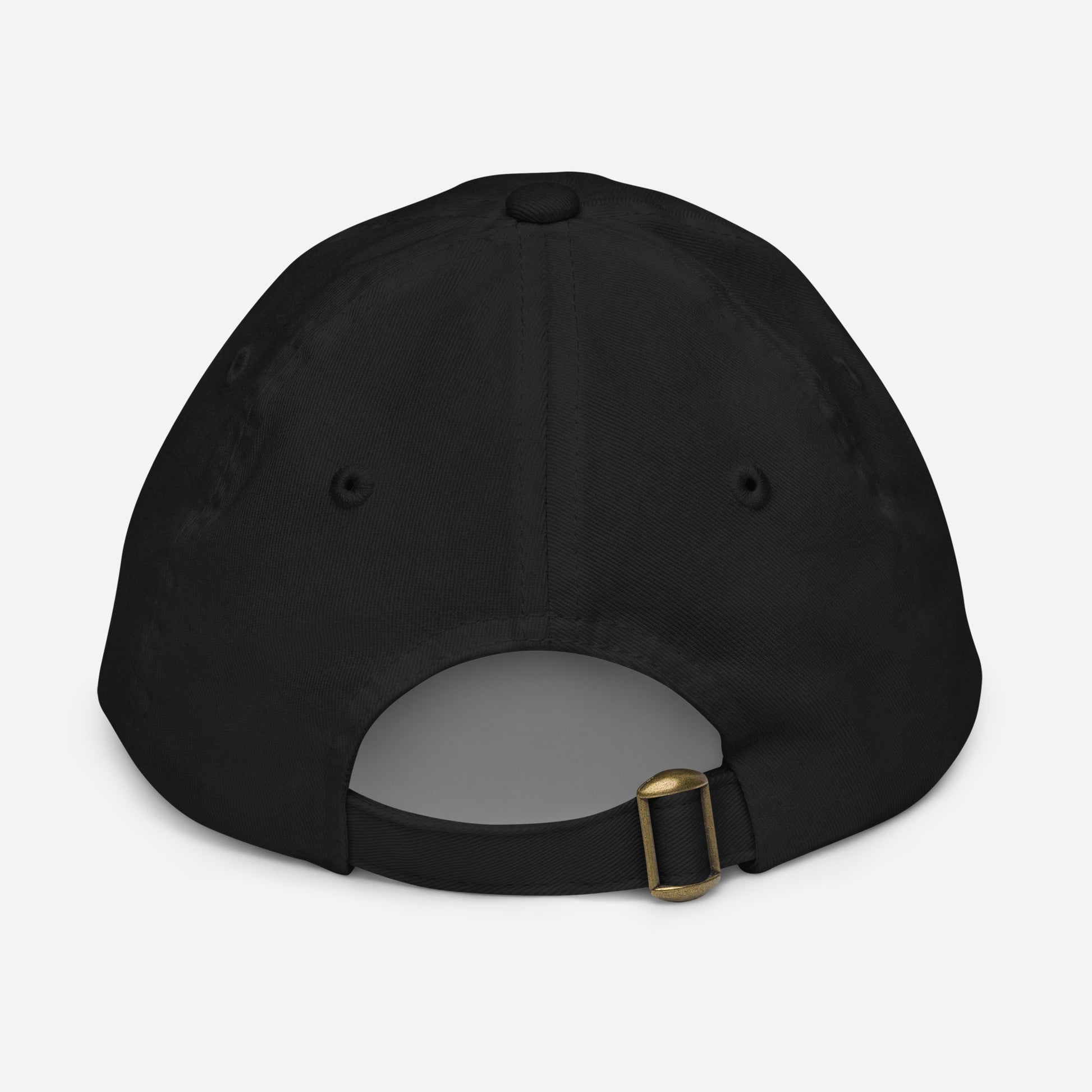 Black youth baseball cap back view with brass buckle strap closure