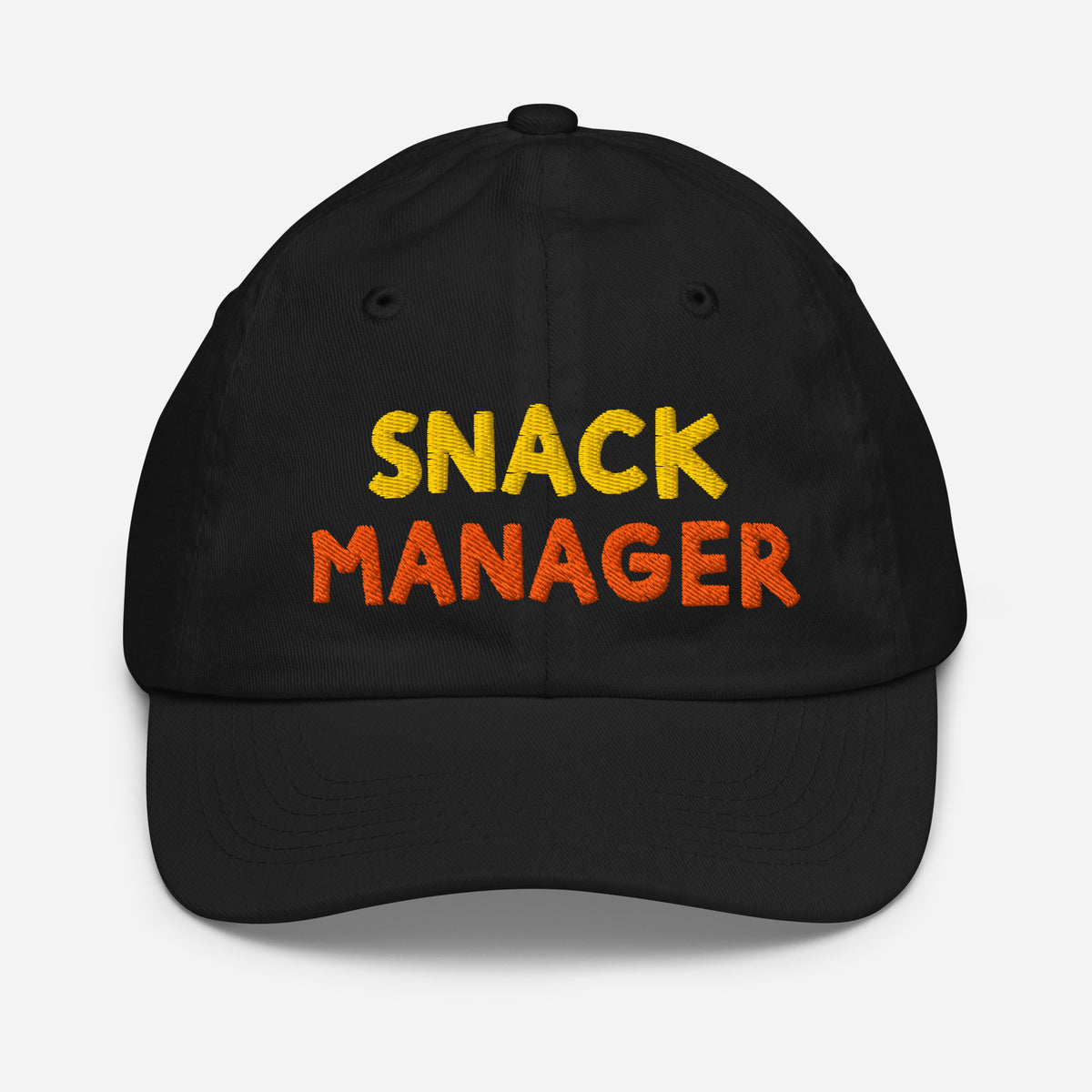 Snack Manager embroidered youth baseball cap in black, front view