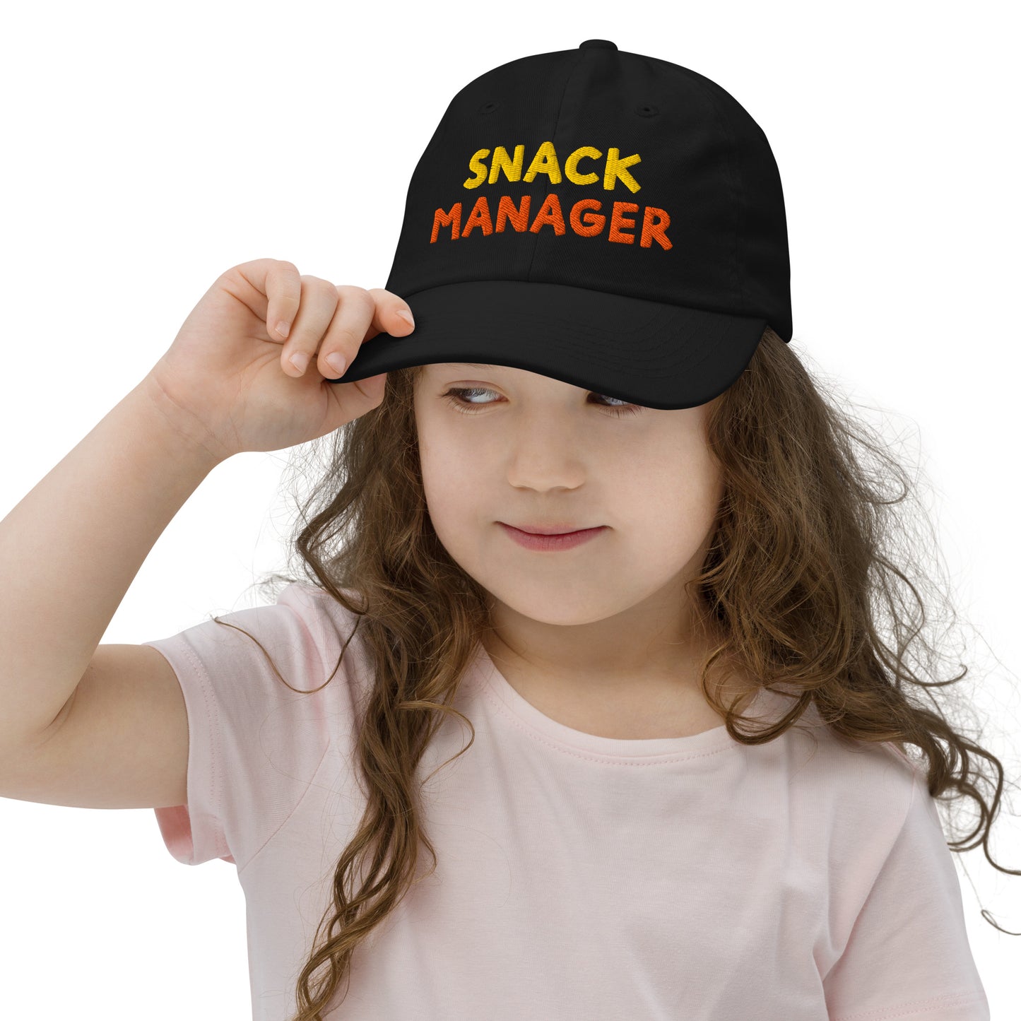 Snack Manager kids baseball cap, front view showing yellow and orange embroidery