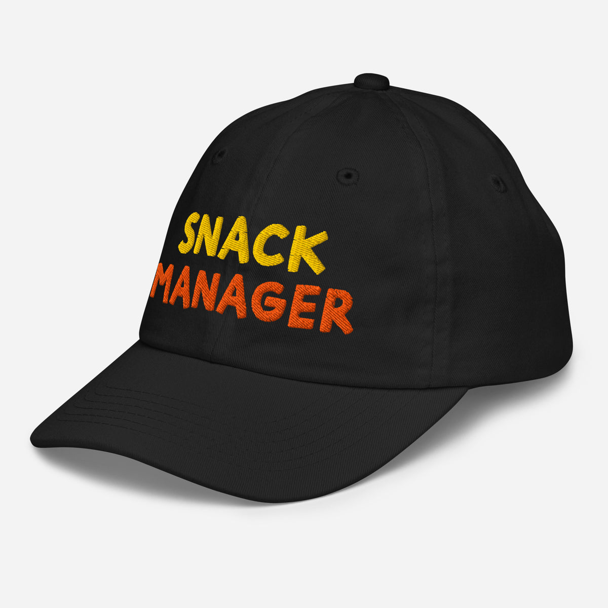 Snack Manager embroidered kids cap, angled front-left view