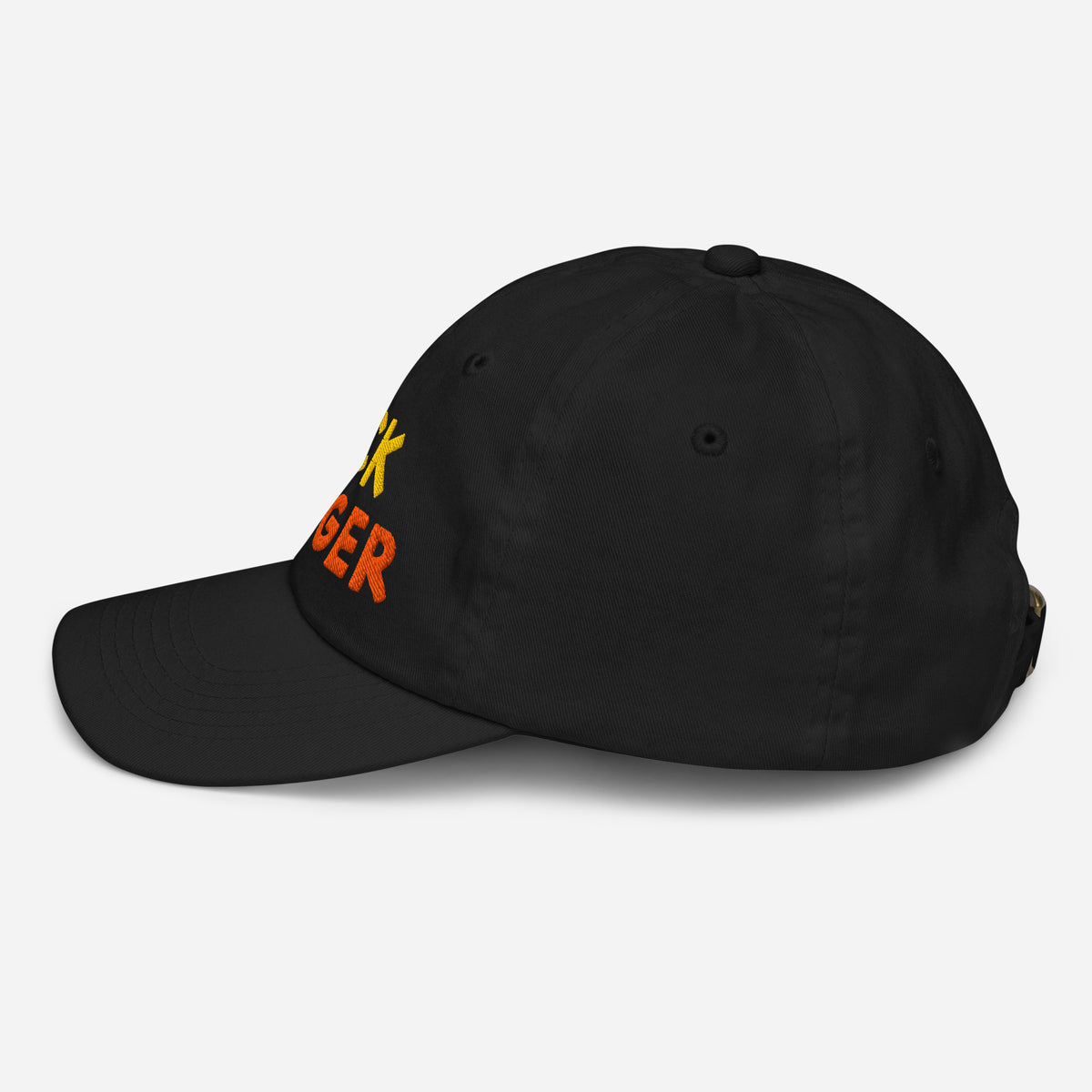 Black embroidered youth cap, left side profile